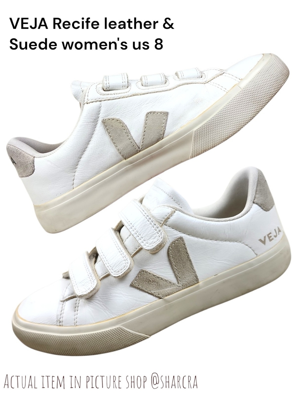 Veja women Recife sneaker low top white Tan leather Suede 3 strap Tennis shoe 8
